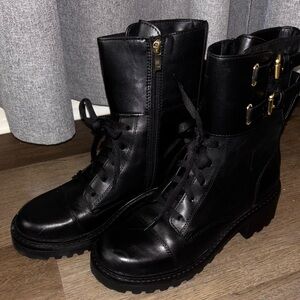 DKNYC Black Combat Lace-Up Boots with Gold Buckle Accents